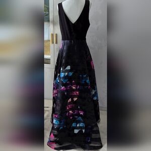 VENUS Black with Shimmery Pink & Blue Hi/Lo Dress w/ V Neckline Size 14